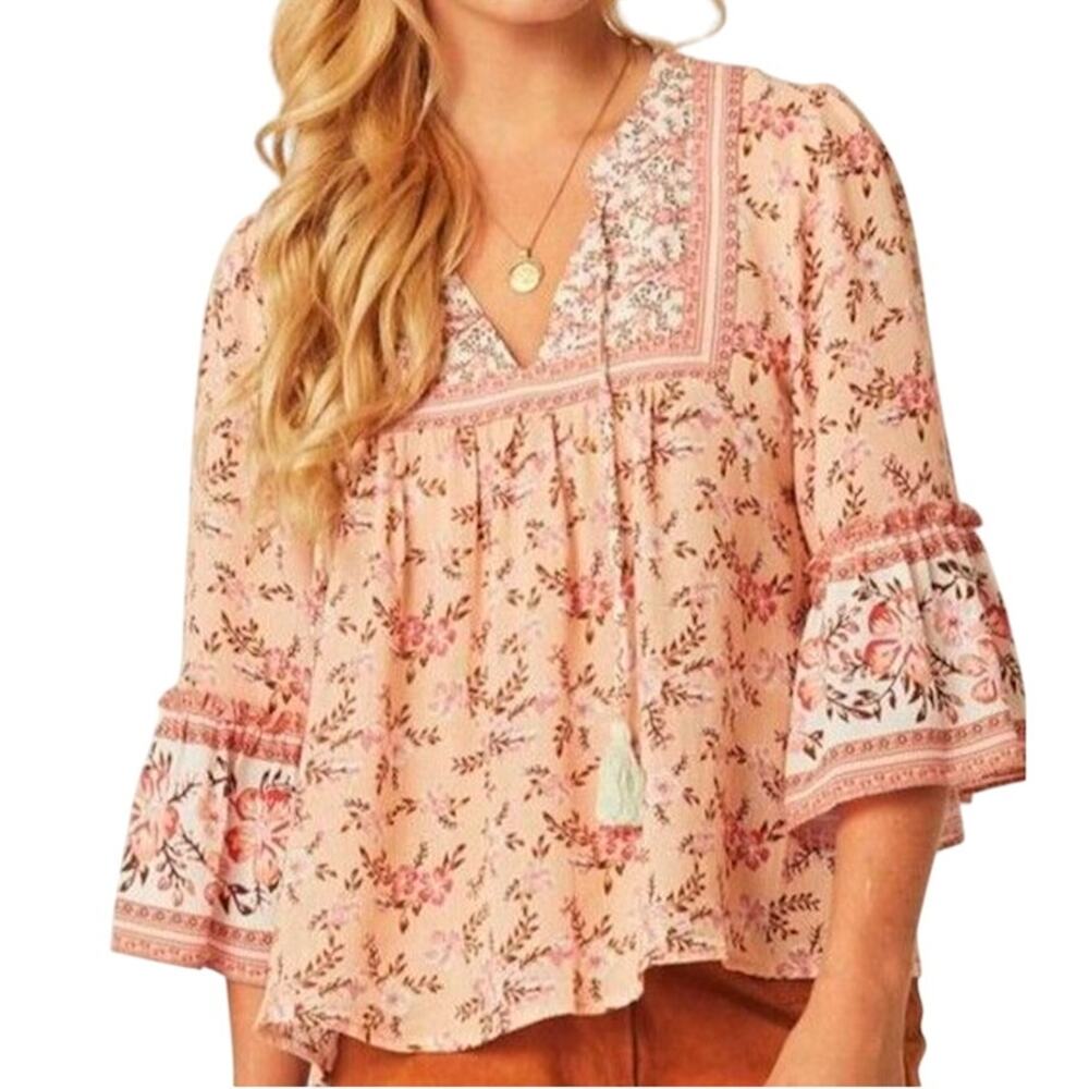Arnhem Lily Blouse Candy Pink Multi Color Women Size 8 Flutter Bell Sleeves Top